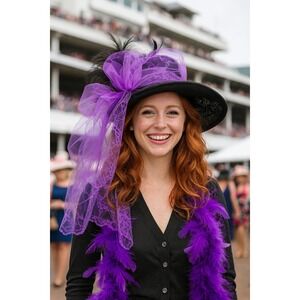 Bollman Wool Felt Purple Tulle Feather Hat Unique Button‎ Embellished Mad Hatter